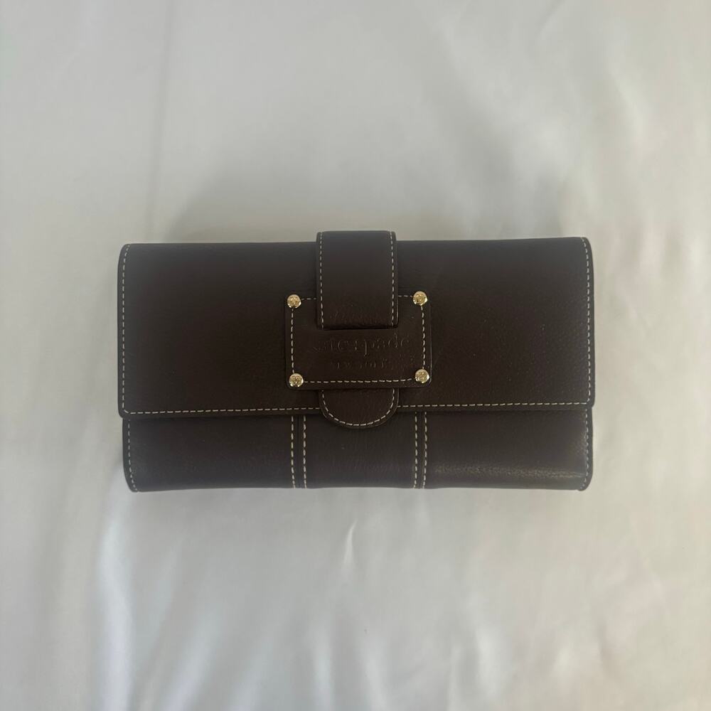 Kate Spade Brown Leather Checkbook Wallet ID Card Holder Coin Purse Folding - Picture 3 of 17